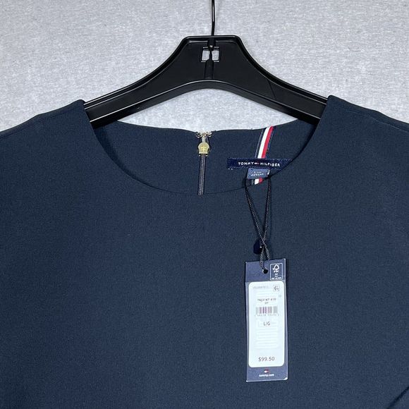 Tommy Hilfiger Shift Dress Women Large Navy Hardware Sleeve Knee Length NWT $98 - Picture 2 of 13